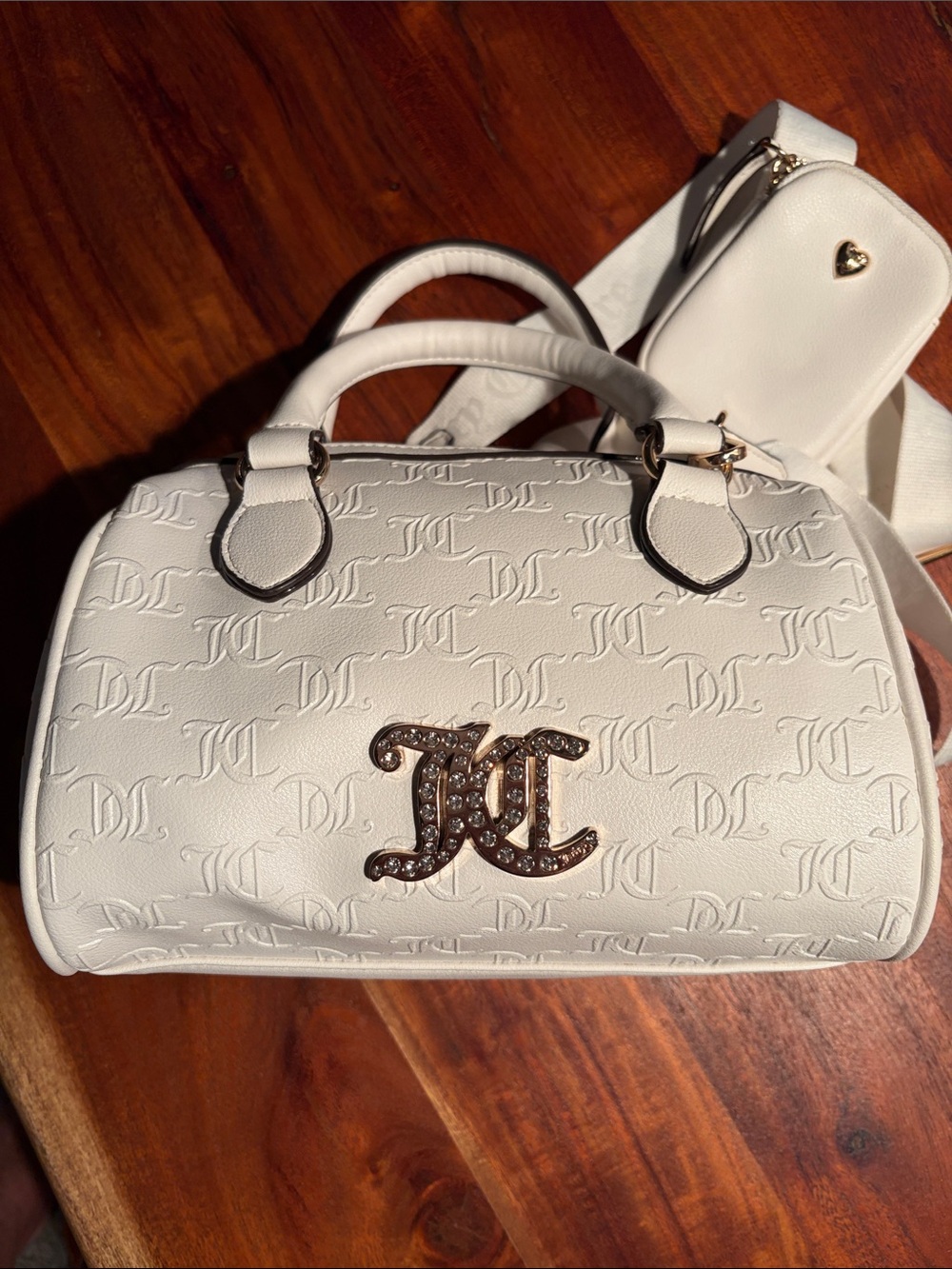 Juicy Couture White Embossed Satchel with Crystal Monogram